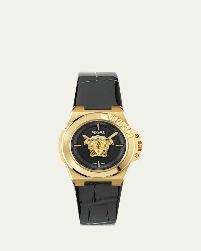 37mm Versace Hera Watch with Calf Leather Strap, Yellow Gold/Black